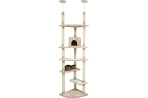 アイリスプラザ キャットタワー 突っ張り式 W固定 爪とぎ 省スペース おうち付き ベージュ 高さ222-248cm