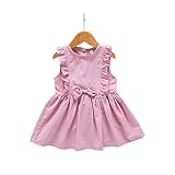 夏ベイビー服 女の子ワンピース 袖なし Pojour キッズ用かわいいドレス リボン付き 子供ギフト 通気 綿 ピンク 90cm