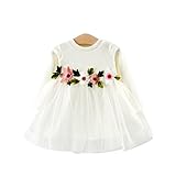 ワンピース 子供 ベビー 長袖 女の子 花柄 可愛い ベビードレス ガールズ ふわふわ チュール切り替え キッズドレス 七五三 出産祝い 通園 結婚式 (90, ホワイト)