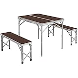 FIELDOOR 収納式アルミレジャーテーブル 木目調 ダークブラウン 幅90×奥行66×高さ70cm ベンチ分離タイプ