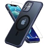 Hensinple iPhone 12/12 Pro ケース 【MagSafe対応・ガラスフィルム付き】 半透明 黄ばみなし 耐衝撃 滑り止め 指紋防止 マグセーフ対応 ストラップホール付き iPhone 12/12 Pro スマホケース 6.1インチ用 ダークブルー