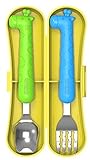 Edison Baby Flat Edge Spoon & Grooved Fork Set with Case (Baby Giraffe Green/Blue Set) [並行輸入品]
