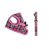 THAINハーネス・リード 5-8kgs 中小型犬 中型犬の子犬 ハーネス リードセット チェック 胴輪 中型犬 メッシュ 人気 格子縞 犬用ハーネス(L ピンク)