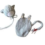 [NANA's shop] ねこ耳帽子としっぽ付きオーバーオール ニューボーンフォト撮影衣装 猫 月齢フォト 寝相アート (ライトグレー０ヶ月(~3.5キロ))