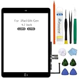 タッチパネル交換用 9.7インチ 2018 iPad 第6世代（A1893 A1954）ガラスタッチデジタイザー 画面交換修理用、ホームボタン付き、取り付け済み接着剤、ツール修理キット（ブラック）