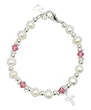 Crystal Dream Christening White Cultured Fresh Water Pearls and Pink Swarovski Crystals with Sterlin