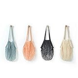JM-capricorns 4 Pack - Portable/Reusable/Washable Cotton Mesh String Organic Organiser Shopping Handbag Long Handle Net Tote (Grey Blue/Black/Beige/Pink)
