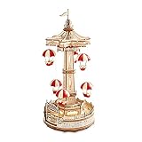 つくるんです® あんしん 日本語説明書付 3D ウッドパズル遊園地シリーズ (パラシュートタワー) パラソル アトラクション ミニチュア 光る 回る 遊園地