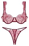 [Maeau] ブラジャー ショーツ セット レース 下着 レディース インナー セクシー 女性 刺繍 花柄 シースルー パッドなし ブラ 透け感 薄い 美乳 ランジェリー ワイン S