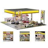 1/64シェルガソリンスタンド スケール ジオラマモデル, ミニチュア建物セット, LED効果付き カスタマイズ可能 拡張可能 (車とフィギュアは含まれません)
