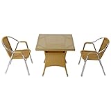 人工ラタンチェア2脚 四角テーブル1台 3点セット 強化ガラス ナチュラル 籐 肘掛けカバー付 家具 ファニチャー インテリア スタッキングチェア リビング chair 椅子 南国 アジアン バリ風 