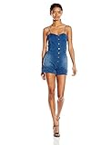XOXO Junior's Off-Shoulder Denim Romper with Lace Trim Blue Large [並行輸入品]