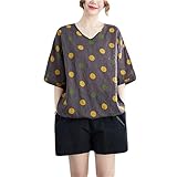 [BSCOOL]Tシャツ レディース 半袖 綿 麻 Vネック ｔシャツ ゆったり ドット オーバーサイズ トップス リネン ファッション ティーシャツ おしゃれ 水玉柄 カジュアル 夏(グレー)