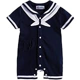 HONEY BLOSSOM ベビー 【 セーラー カラー マリン ショートオール 】 綿 半袖 カバーオール ハーフバースデー フォーマル 衣装 ギフト M010 navyblue-90