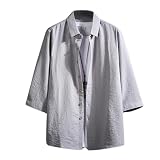 [foveitaa] メンズ 七分袖 シャツ 夏服 メンズ 綿麻シャツ 無地 大きいサイズ 和風 涼しい カジュアル 通気性 快適 シンプル オシャレ かっこいい 日常使い grey-L