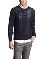 Linen Cotton Nylon Tapeyarn Aran Crewneck Sweater 13080312002310: Navy