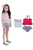 （美来Kids） 子供 女の子 レース ラッシュガード付き セパレート 水着 フリル ピンク ボーダー ビキニ 3点セット ガールズ キッズ (L(130))