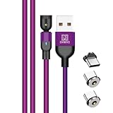 DAIAD USB A to Type-C マグネット式 充電ケーブル 1PIN 充電専用 着脱式 LED付き 防塵キャップ 首振り L字 360度回転 ナイロン編組 端子3個セット 2m (パープル)