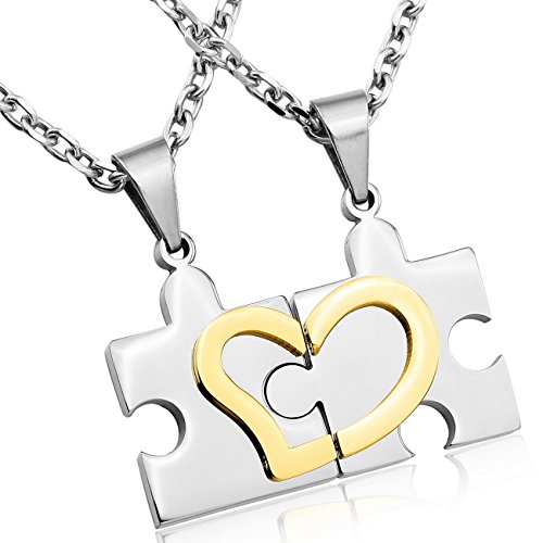Jstyle[ジェイスタイル]　カップル　ネックレス　パズル(シルバー）　ハート（ゴールド）　恋人　ペア　ペンダント 　金属アレルギーに強い　サージカルステンレス製