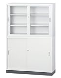 ≪セット商品≫ 【HCB-TS1200SET】 キャビネット 書庫 収納 完成品 浅型 ガラス引戸書庫+スチール引戸書庫+ベース+上下連結金具 戸棚 書棚 【オフィス家具市場オリジナル:日本製】 W1200×D400×H1850 ホワイトグ