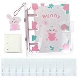 JUJUGO シール帳 透明 ミニ3穴 ミニ バインダー【カバンに入るA8 手のひらサイズ】詰め替え可能 内側の10ページ 外加 60枚の空白の紙芯 ピンクの子うさぎ