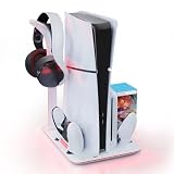 HONCAM PS5スリムコンソール用冷却スタンド デュアルコントローラー充電ステーション 7RGBライト付き Playstation 5スリムコンソールディスク&デジタル用 PS5アクセサリー付き ヘッドセットホルダー ゲームスロット5個付き ホワイト