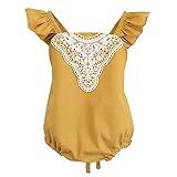 Cutelove 子供服 ロンパース ベビー 女の子 男の子 綿 夏 キッズ 可愛い 男女兼用 赤ちゃん レース スリングロンパース+ヘッドバンド イエロー 幼児 カバーオール