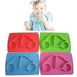Kuke 四つ（レッド+ブルー+ピンク+グーリン）防水シリコン　吸盤付き　強い吸着力　かわいいカー形プレート　遊び食べ 離乳食 ベビー食器　ランチ皿　お食事マット　赤ちゃんミニマット　子供食器ベビー用