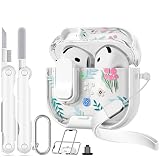 Skyconser セーフティロック付き Apple AirPods Pro 2nd 1stケース、クリアフローラル キュート AirPod Pro 2ケース 電話スタンド&クリーニングキット付き 女性用 ガーリーラズベリー