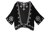 カーディガン ショート 刺繍 レディース 薄手 七分袖 裾レース 夏 Mサイズ/ ブラック
