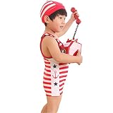 (エレクトリックサーカス) Electric Circus 子供 水着 ストライプ 柄 ボーダー ラッシュガード パンツ セット (130, レッド)