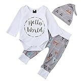 (プタス)Putars ベビー服 子供服 ロンパース 上下セット 女の子 男の子 長袖 HELLO WORLD 帽子付き 可愛い 秋 冬 新生児 歩行服 出産お祝い 記念日 プレゼント 0-18ヶ月