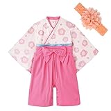 JUST style 袴 ロンパース (花飾り付き) カバーオール 和服 和装 新生児 男の子 女の子 (90cm,ピンク)