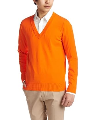 Color High Gauge Cotton V-neck Sweater 1113-136-2666: Orange Color High Gauge Cotton V-neck Sweater 1113-136-2666: Orange