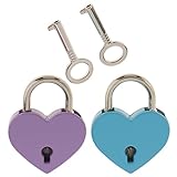 Fenteer 2個　合金　ハート型　 ヴィンテージ　南京錠　キー付き　ジュエリー/ラゲージボックス　ロック　パープル/ブルー　