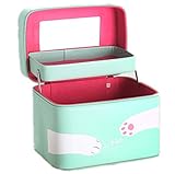CXYP　化粧ボックス　メイクボックス　化粧品ボックス　コスメボックス　小物入れ　大容量　二段タイプ　取っ手付　携帯に便利　可愛い　ネコちゃん (グリーン)