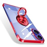 iPhone 16 用 ケース リング 透明 アイフォン16 ケース クリア TPU 耐衝撃 あいふぉん16 カバー スマホケース 薄型 スタンド機能 ストラップホール付き アイホン16 ケース レッド
