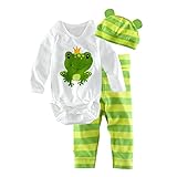 SODIAL(R) ベビーロンパース　長袖コットンベビー幼児　カートゥーン動物　カエル新生児ベビー服　ロンパース＋ハット＋パンツ　3ピース服セット-グリーン　95cm