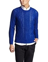 Linen Cotton Nylon Tapeyarn Aran Crewneck Sweater 13080312002310: Blue
