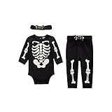 ノーブランド品　ベビーコスチューム　ガイコツ スカル　ハロウィン衣装　仮装　パーティー　撮影会　普段着　3点セット　リボン＆ロンパース＆パンツ付き　光るタイプ (18M, ブラック)