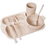 EDHUUJSI 6 ピース/セット子供分割ディナープレートボウル水カップ学生コンパートメント皿食器トレイビュッフェフォーク箸, ベージュ