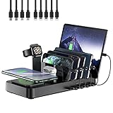 ワイヤレス充電ステーション 複数のデバイス用 5つのUSBポート充電ドック 10Wワイヤレス充電器と9つの短い混合ケーブル付き AirPods iWatch充電スタンド iPhone/iPad/Android/タブレット用 - ブラック