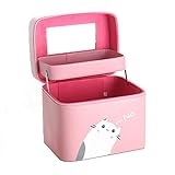 CXYP　化粧ボックス　メイクボックス　化粧品ボックス　コスメボックス　小物入れ　大容量　二段タイプ　取っ手付　携帯に便利　可愛い　ネコちゃん (ピンク)