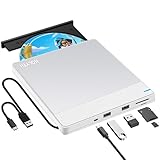 NOLYTH ノートパソコン用外付けCD/DVDドライブ:USB 3.0/USB-Cバーナー Windows 11/10 & Mac OS用 USB/SD/TFスロット2個付き - ポータブルスリムプラグアンドプレイDVD±RW PC Apple MacBook Pro/Air用 (シルバーホワイト)