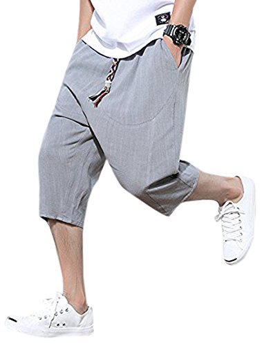 Ceen サルエルパンツ メンズ ズボン 袴パンツ ワイドパンツ サルエル ファッション 麻 七分丈 短パン ショートパンツ カジュアル 夏 無地 調整紐 ゆったり 通気性 大きいサイズ S グレー ウェア シューズ