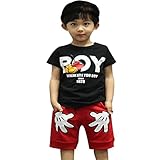 (ラランドリー) laraandlory 夏 男の子 2点セット 半袖Tシャツ+ショートパンツ (140/6-7歳, ブラック)