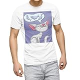 [igsticker] プリント Tシャツ メンズ L size おしゃれ クルーネック 白 ホワイト t-shirt 001098 ユニーク 猫 イラスト