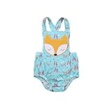 MUSTY ベビー　ロンパース　バックレス　可愛い　狐　プリント　カバーオール　夏服　出産祝い (100, 淡ブルー)