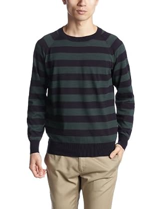 High Gauge Cotton Stripe Crewneck Sweater 1113-136-2667: Kelly High Gauge Cotton Stripe Crewneck Sweater 1113-136-2667: Kelly