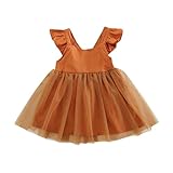 子供キッドガールズソリッドシャーリングストラップ幸運な太陽バックレスネット糸プリンセスドレス服 (120, オレンジ)